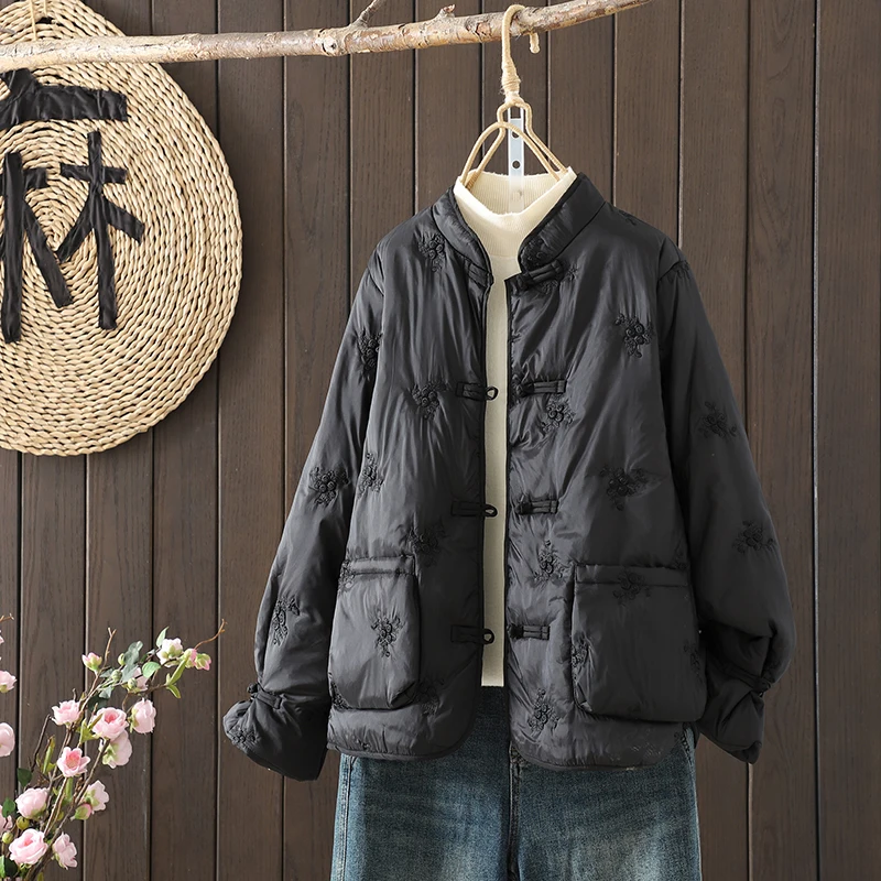 

Новое китайское зимнее женское свободное повседневное хлопковое пальто с вышивкой и пуговицами в стиле ретро, художественная этническая верхняя одежда, хлопковое пальто