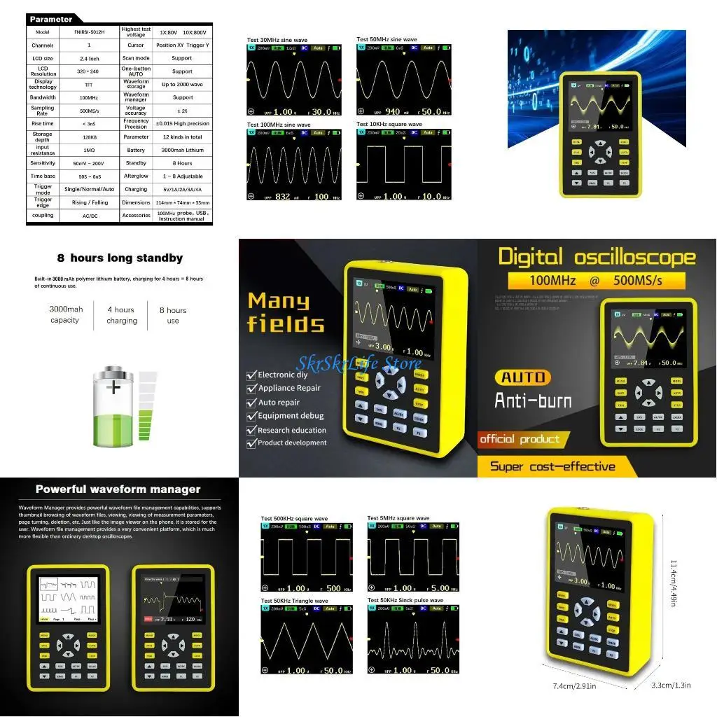 

E65E Digital Oscilloscope 100MHz Bandwidth 500MS/s Sampling Rate Color Display Waveform Generators Support Waveform Storage