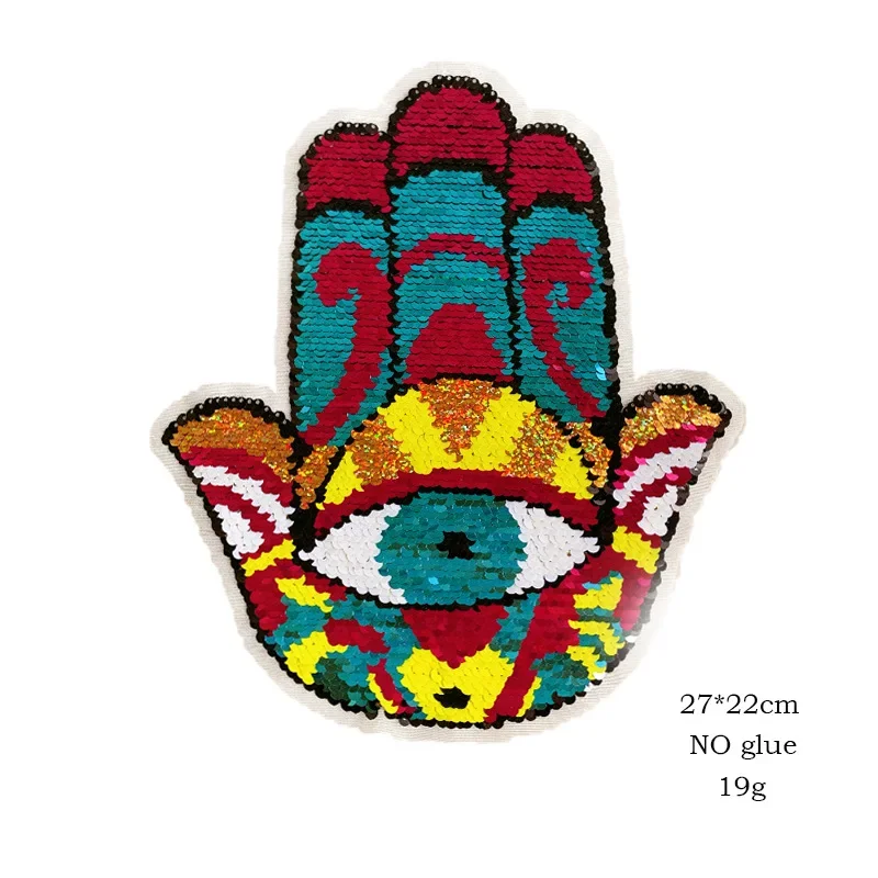 Hamsa Sequined Embroidery Iron on Patches Eye in Palm Jewish Emblem Back Patch for Clothing Hand of Fatima Talisman Appliques