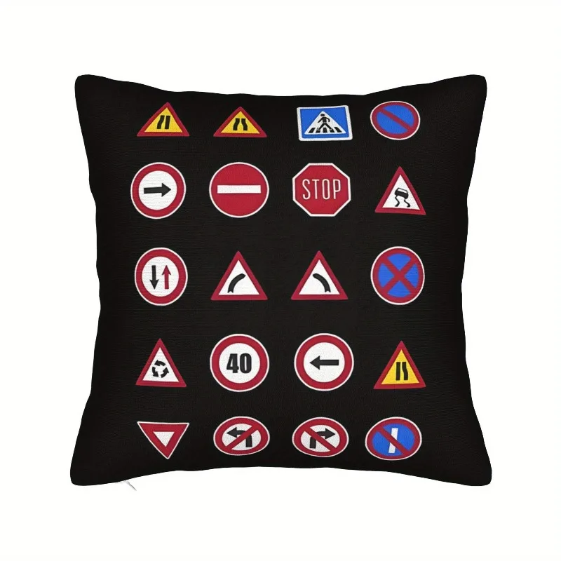 Traffic Sign Pillow Case Road Safety Symbol Cushion Cover Black Background Automotive Decor for Car Enthusiast Sofa Bedroom Gift