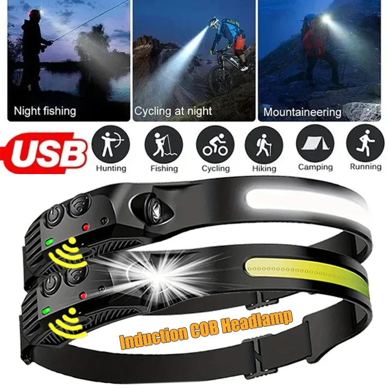 Sensor Headlamp USB Rechargeable LED Flashlight XPE+COB Torch Camping Waterproof Headlight for Outdoor Fishing Lantern 1/2/3PCS