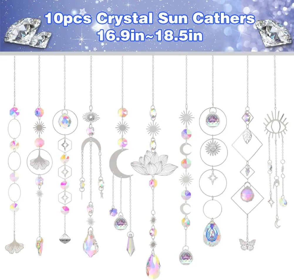 10-piece crystal sunlight-catching prism hanging set with chain, rainbow-making crystal ball pendant decoration