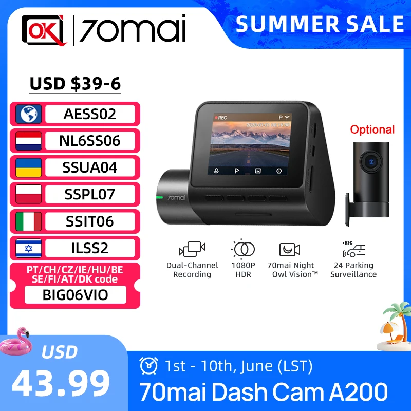 70mai Dash Cam A200 1080P HDR Dual Channel Car DVR 130° FOV Car