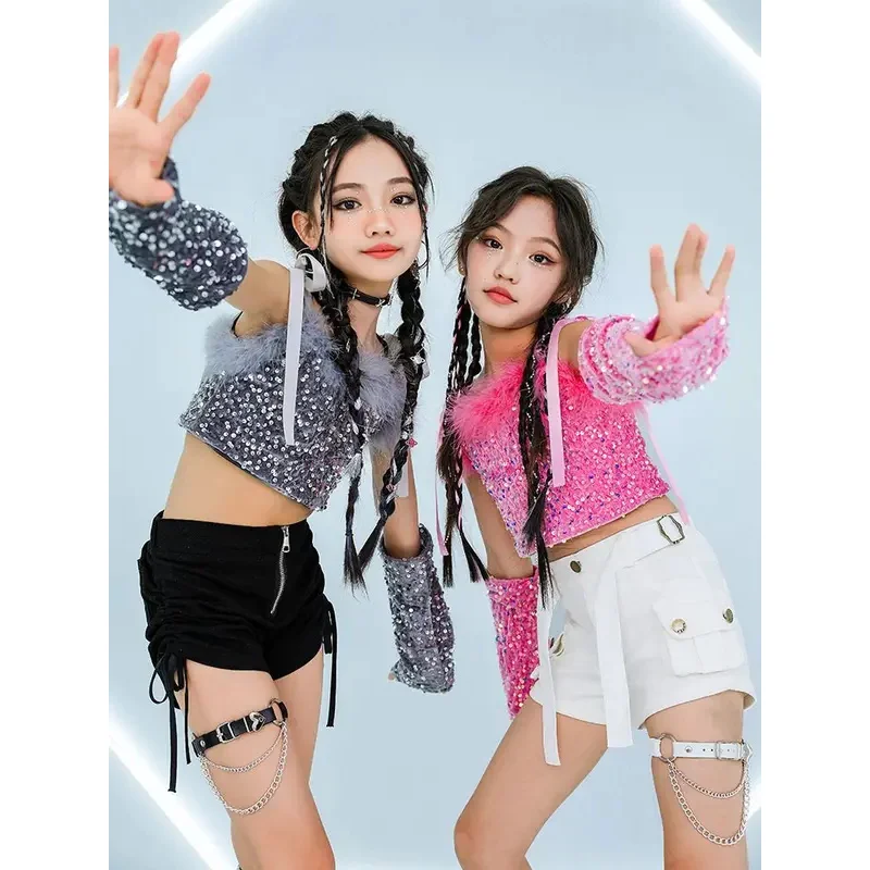 

Pink Sequin Jazz Costume Girls Hip Hop Stage Outfit Black White Shorts Kpop Kid Glitter Fashion Clothes Dancing Performance Suit