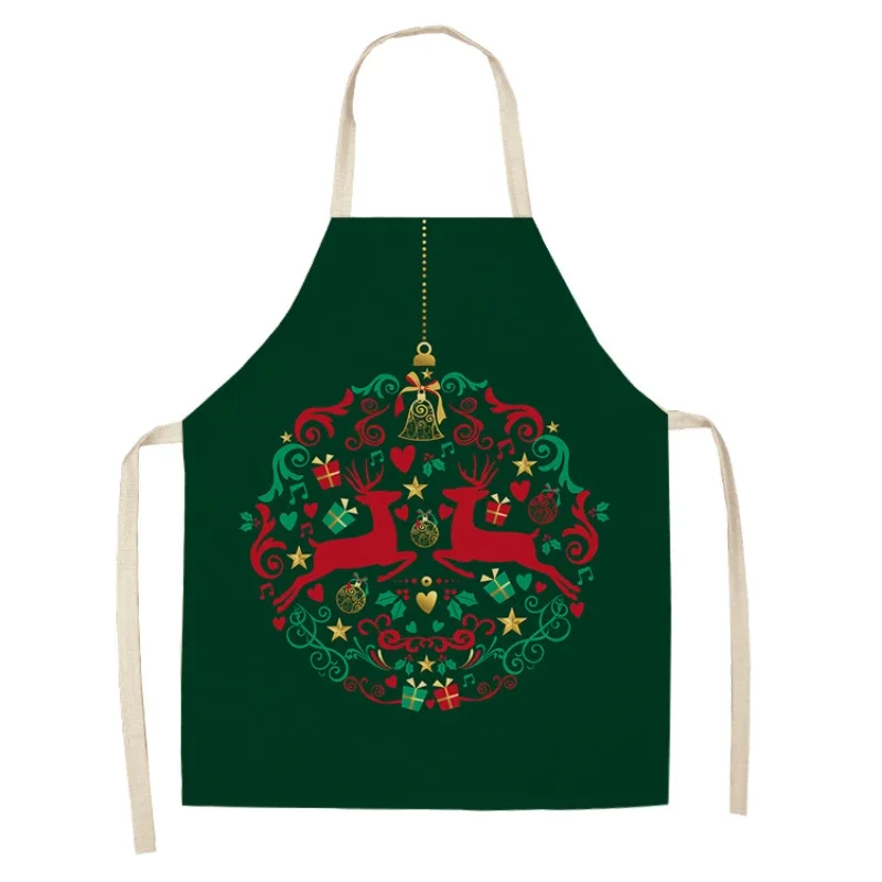 Christmas Tree Pattern Green Linen Sleeveless Hand Rub Waist Apron Home Holiday Kitchen Decor Cleaning Tool Baking Delantal