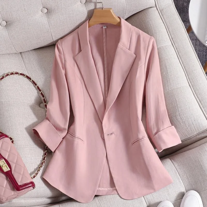 

Three-quarters Sleeved Blazer For Women 2023 Summer Thin Casual Short Slim Cotton Single-layer Jacket Pink Blue White Ash