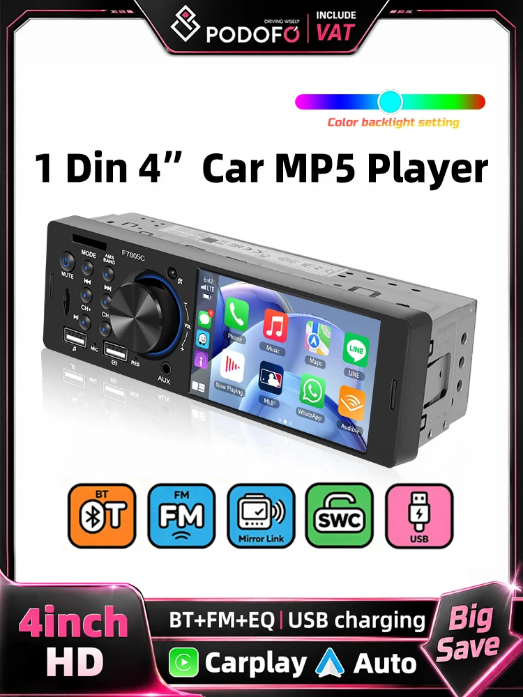 Podofo Single-DIN 4-Zoll Autoradio Multimedia-Player Kabelgebundenes CarPlay Android Auto Mirror Link FM-Radio Bluetooth USB AUX Videoausgang Auto-Stereoanlage MP5-Player Lenkradsteuerung