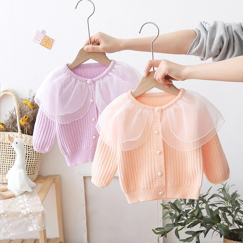 

2025 Spring Autumn Girls Sweaters Lace Mesh Girls Sweater 1-6 Years Knit cardigan Children Clothing Sweet Baby Girl Coat