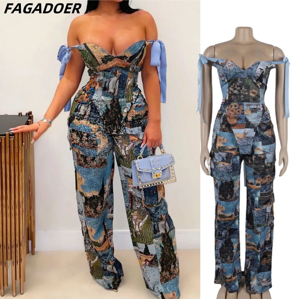 FAGADOER Oil Painting Print 2 Piece Sets Women Outfit Fashion Tube Bandage Top And Straight Pants Suits Streetwear Bottoms New