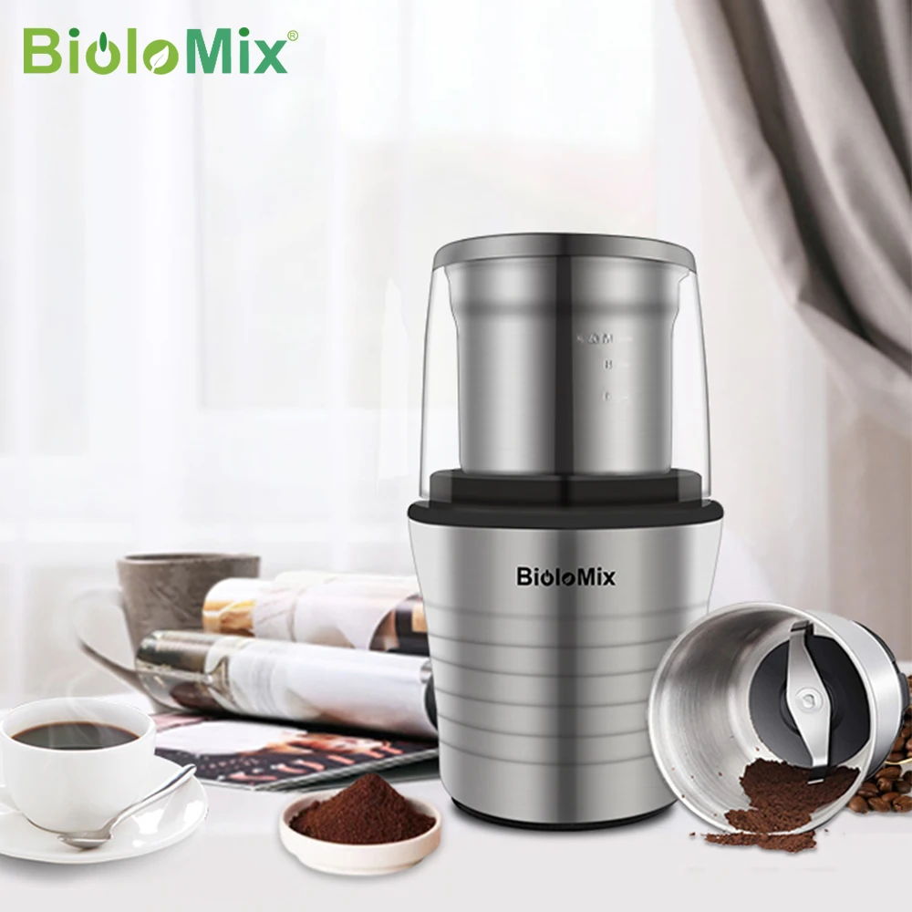 

Multipurpose Electric Coffee Bean Grinder with 2 Removable Dry and Wet Cups Stainless Steel Miller for Seeds Spices Herbs Nuts