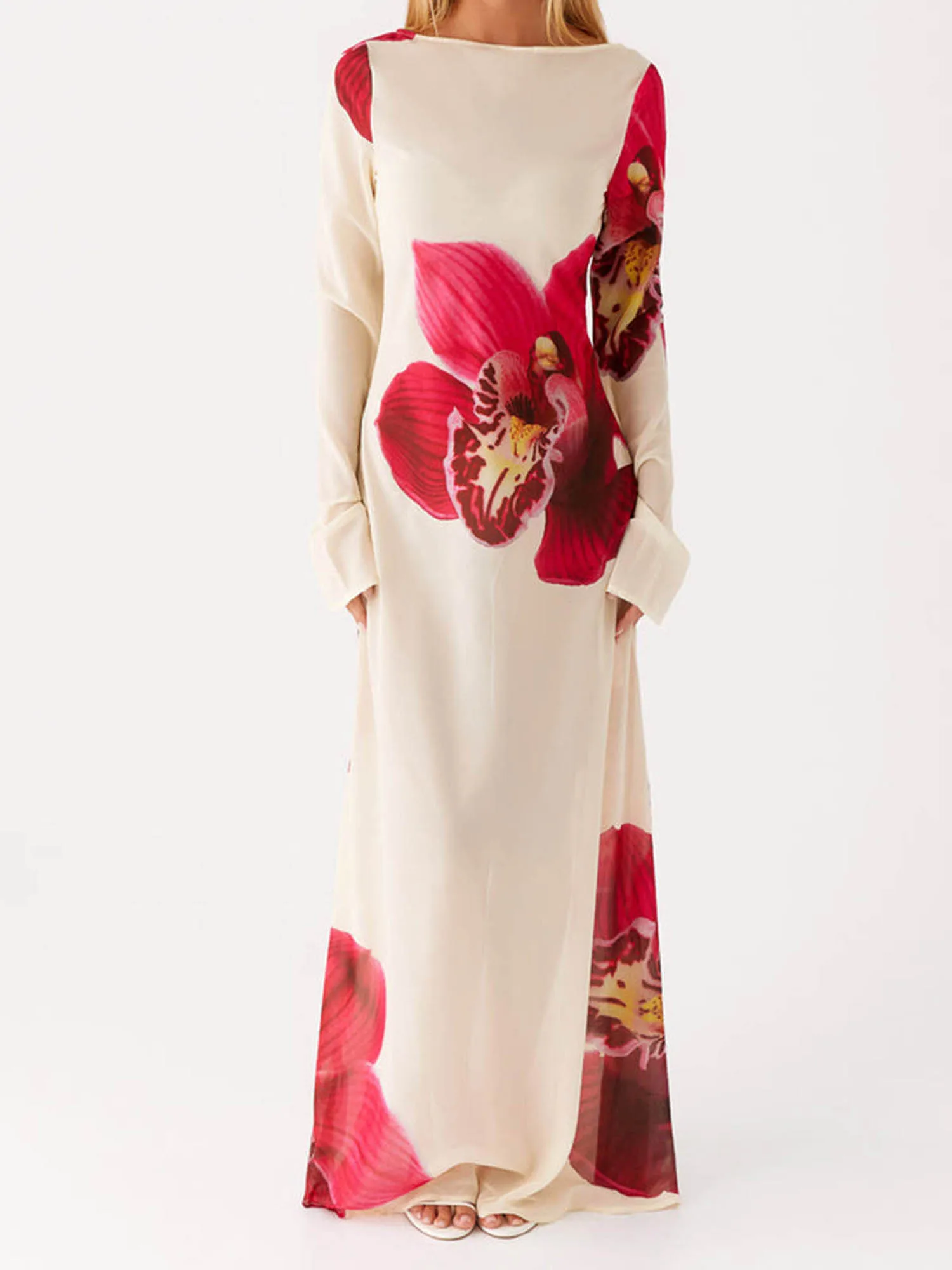 Women s Boho Style Maxi Dress Off Shoulder Ruffle Sleeve Floral Print Beach Dress for Summer Vacation Party Wear