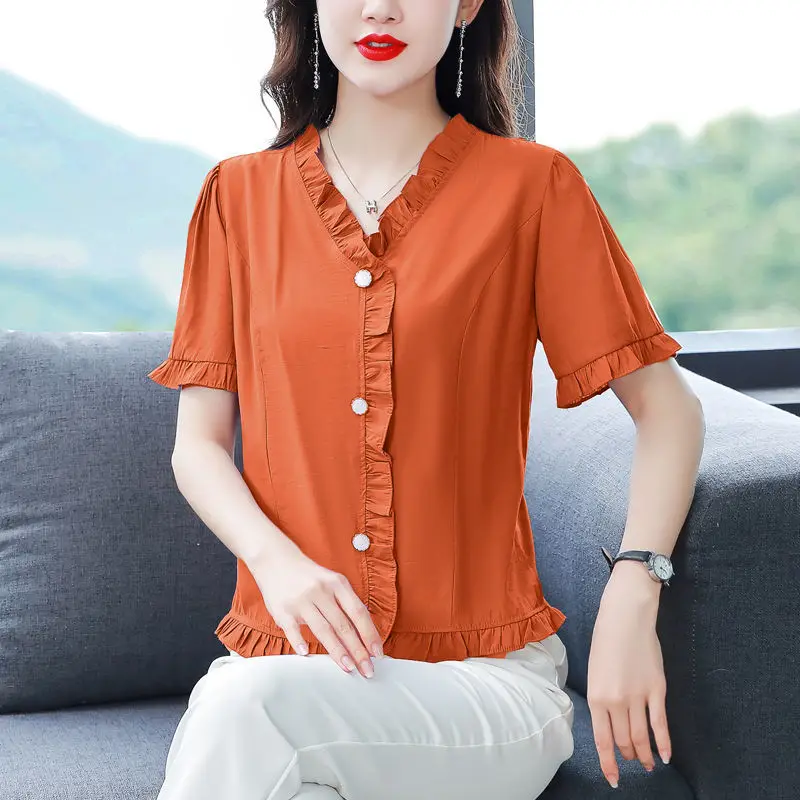 Elegant V-Neck Solid Color Chiffon Ruffles Shirt 2022 Summer Button Casual Tops Oversized Loose Women\'s Clothing Commute Shirt