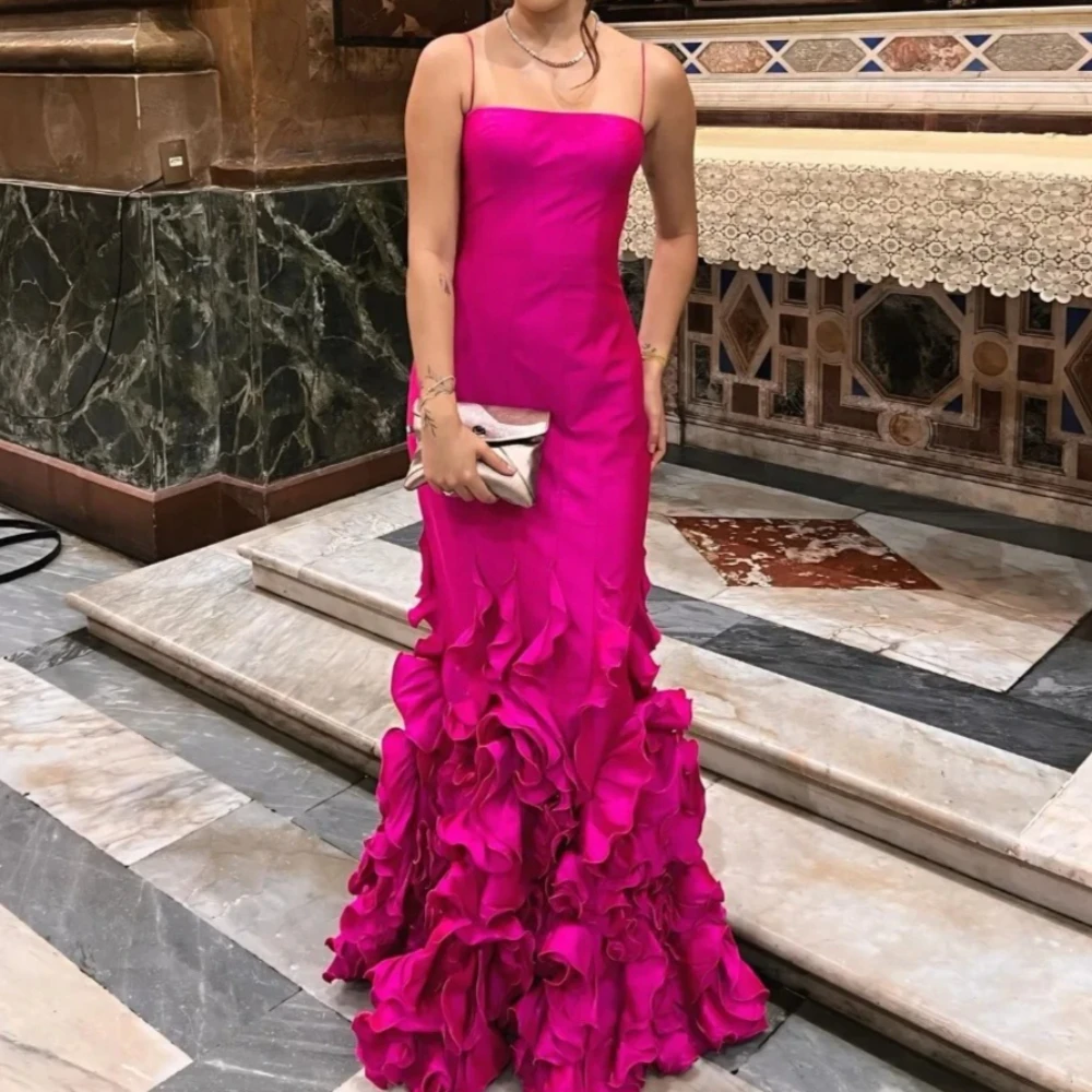 

Customized Hot Pink Modern Style High Quality Pleat Ruched Tiered Mermaid Strapless Floor-Length Evening Dresses for Woman