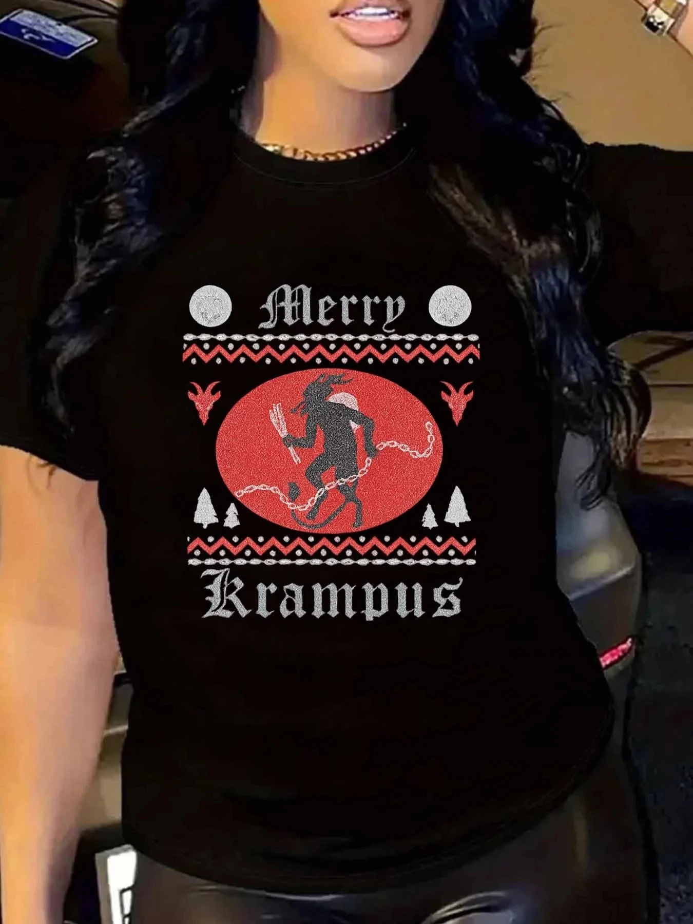 

【011355】Женская футболка больших размеров с лунной цепочкой и круглым вырезом, короткими рукавами, эластичными рукавами и модными принтами