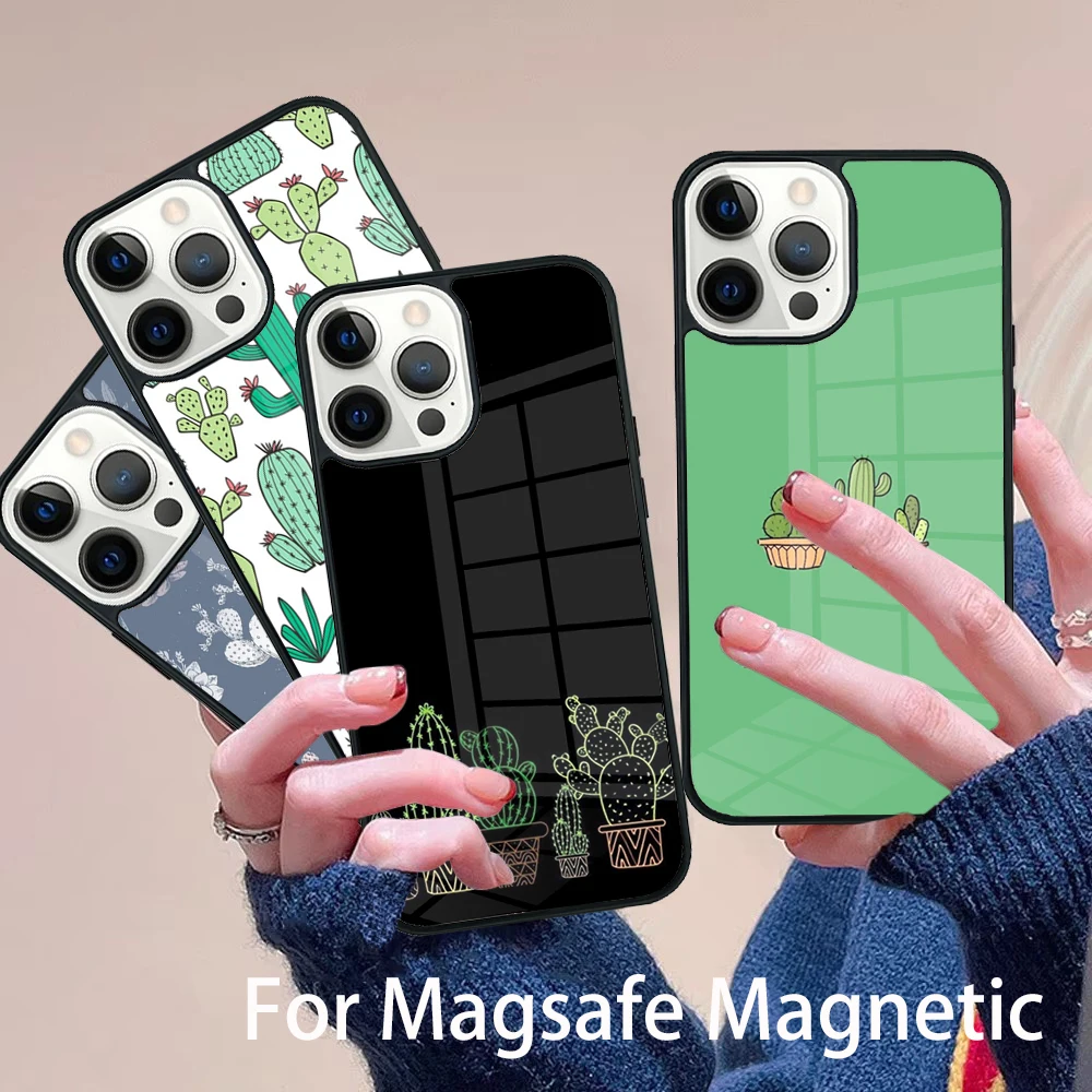

Cute Cactus Green Leaf Phone Case Magesafe Magnetic Wireless Charge Cover For IPhone 16 11 12 13 14 15 Pro Max Plus Mini