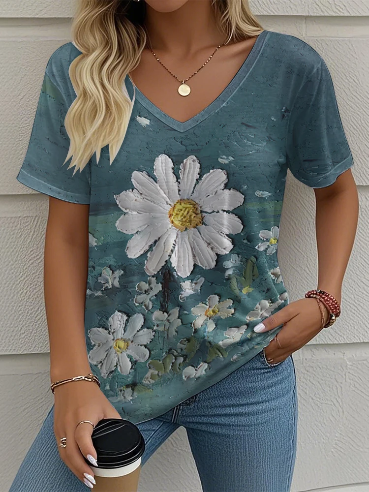Flower Women's V-neck T-shirt Summer Outdoor Casual Short Sleeve Tops Fashion 3D Printing Trendy OverSize Women's Clothing view 6