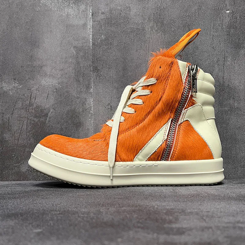 

Men Women High Top Boots Casual Platform Sneakers Horsehair Leather Luxury Trainers Lace Up Zip Autumn Orange Shoes