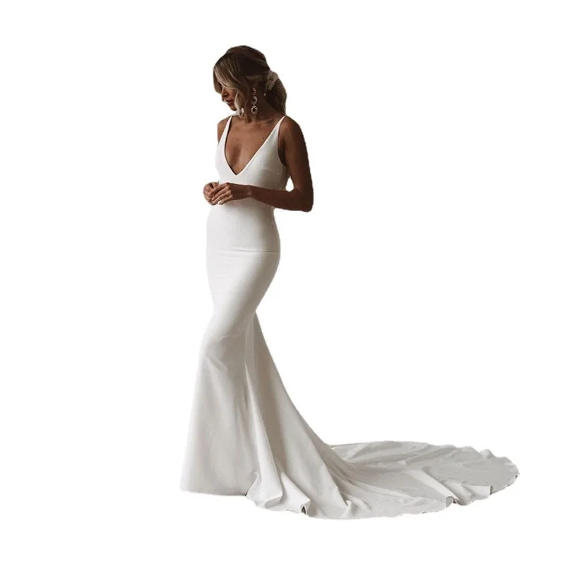 Simple and Sexy Deep V-neck Open Back Long Train Pure White Bridal Wedding Dress.(023)