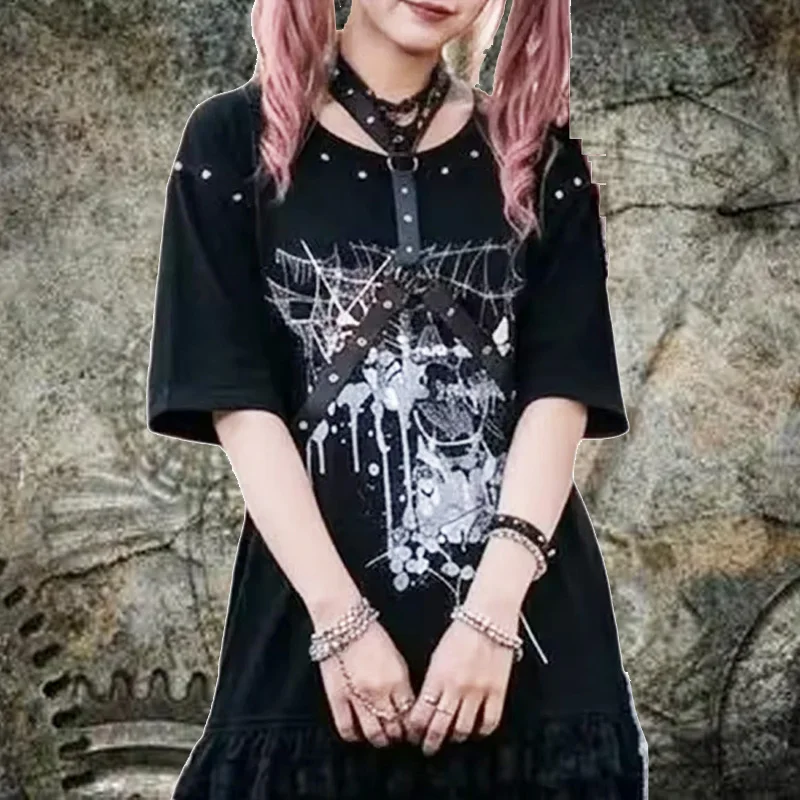 Hollow rivet chain detachable Neutral short sleeve T-shirt Punk Rock Y2K Japanese men'sshort sleeved T-shirt top
