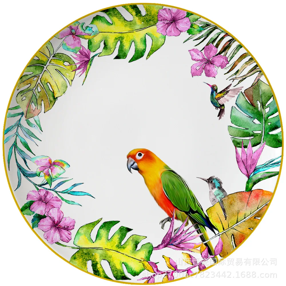 New parrot bone china tableware set pastoral Phnom Penh Western food plate household bowl coffee cup