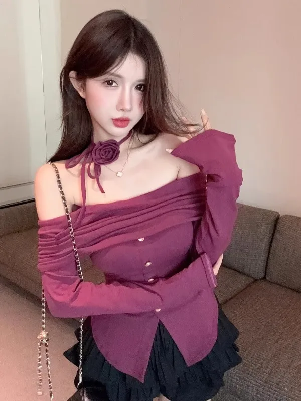 

French Style Floral T-Shirt One Shoulder Bell Sleeve Sexy Design Knitted Standard Fit Autumn Long Sleeve Top for Young Women