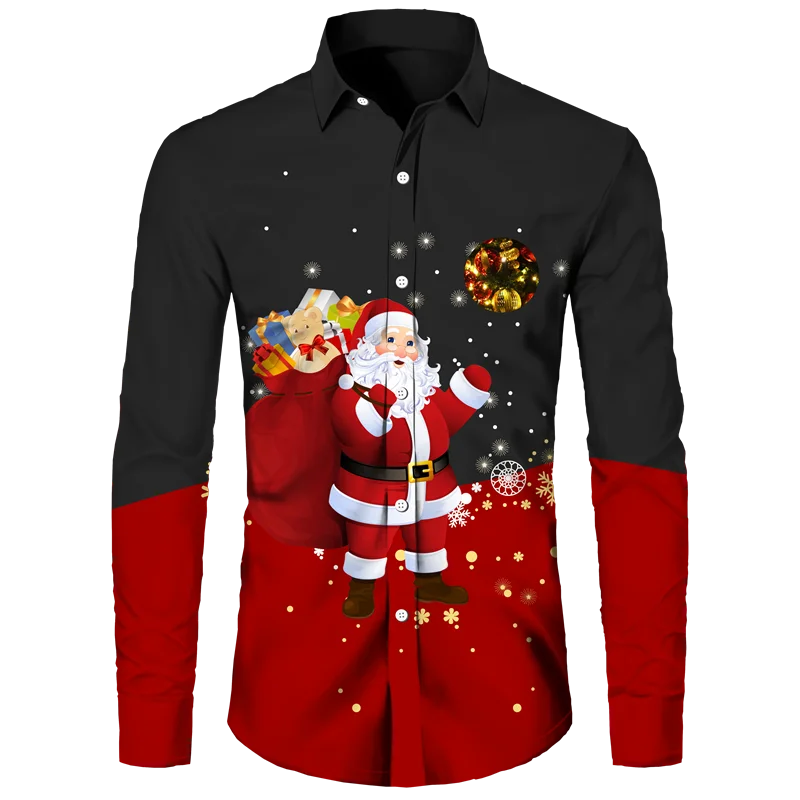 Men's 3D printed Christmas shirt, button lapel long sleeved shirt, snowflake, Santa Claus, high-quality, 6XL, 2023