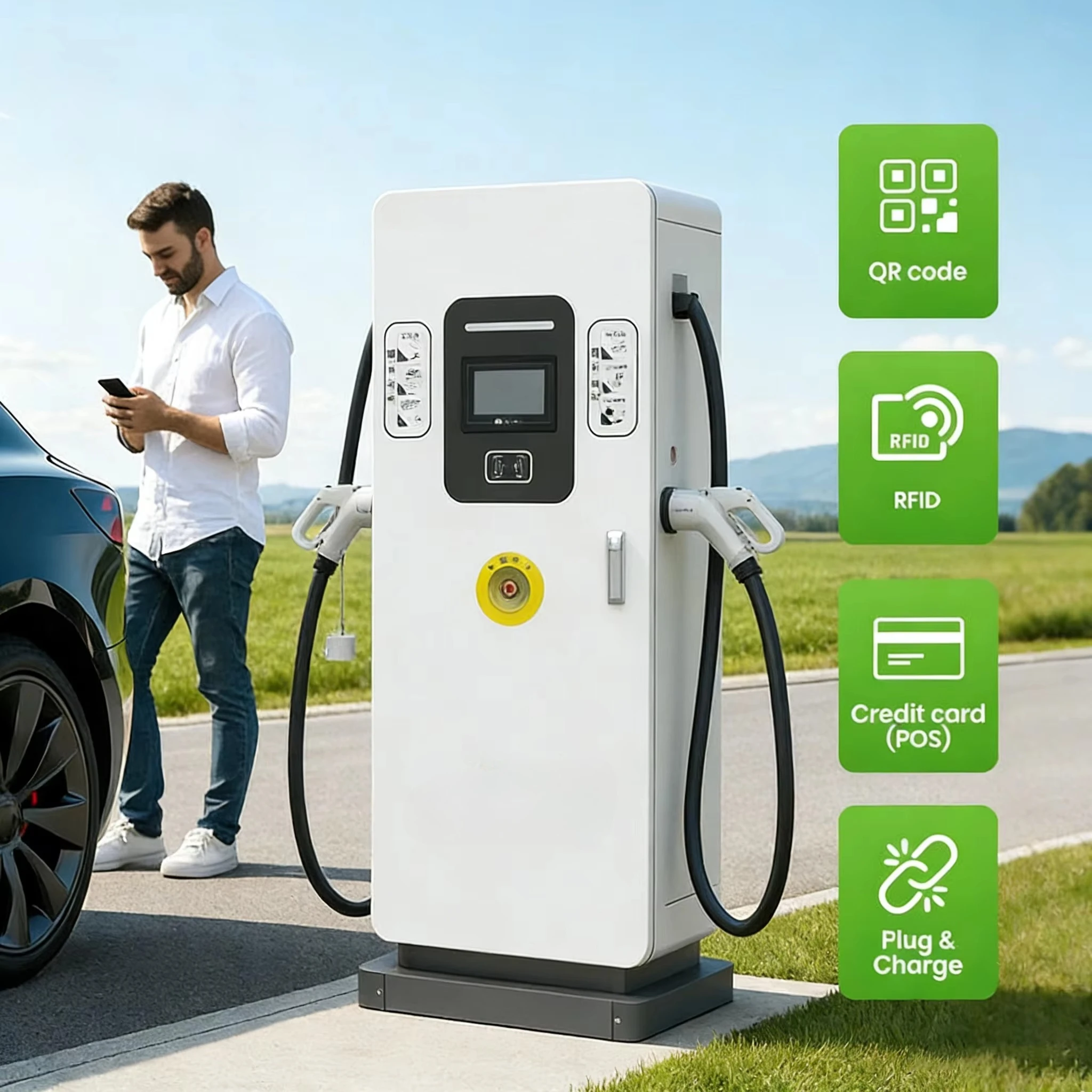 Floor-Mounted Liquid Cooling DC Fast EV Charging Station 40kw-160kw Dual Gun OCPP1.6 7-Inch Touch Screen Card/APP CCS1/CHAdeMO