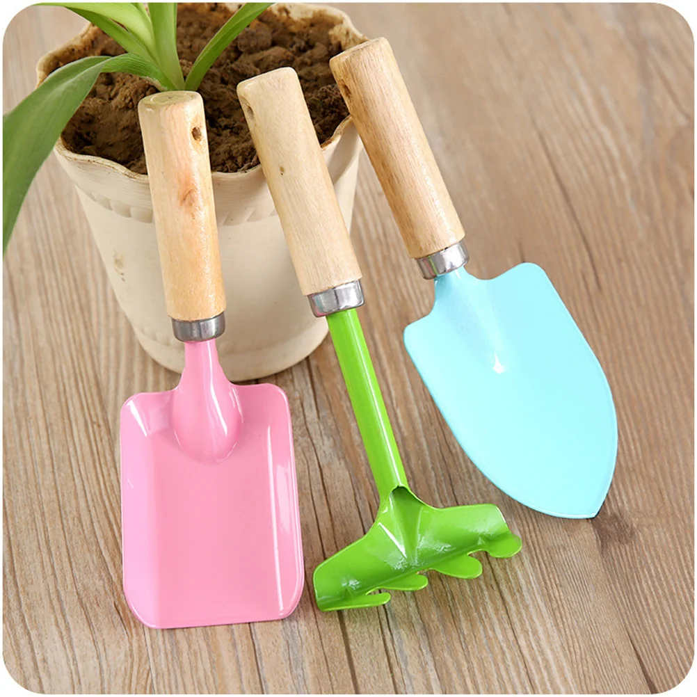 2Sets Kids Mini Garden Tools Set Metal Trowel Rake Shovel Candy Color Wooden Handle Safe Gardening for Children