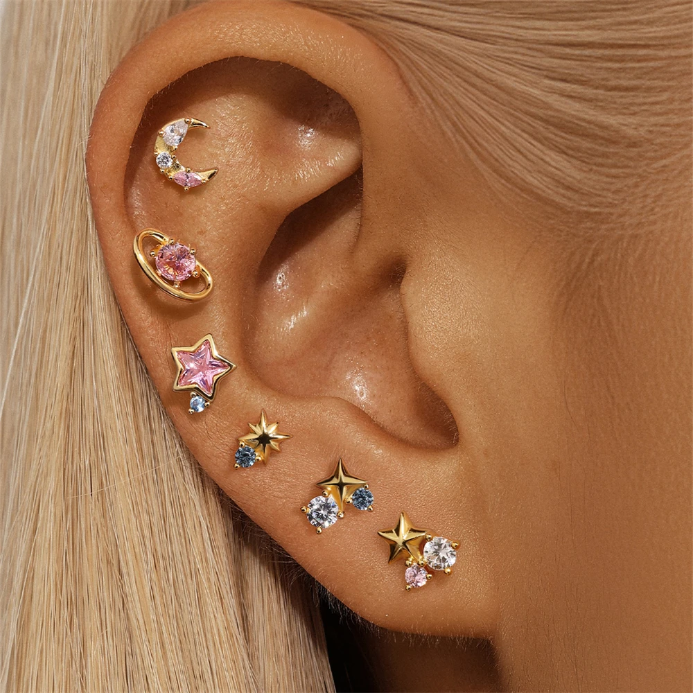 

ROXI 925 Sterling Silver Colorful zircon Star/Moon Piercing Earring Set For women 3Pcs Korean Trend Party Travel Jewelry