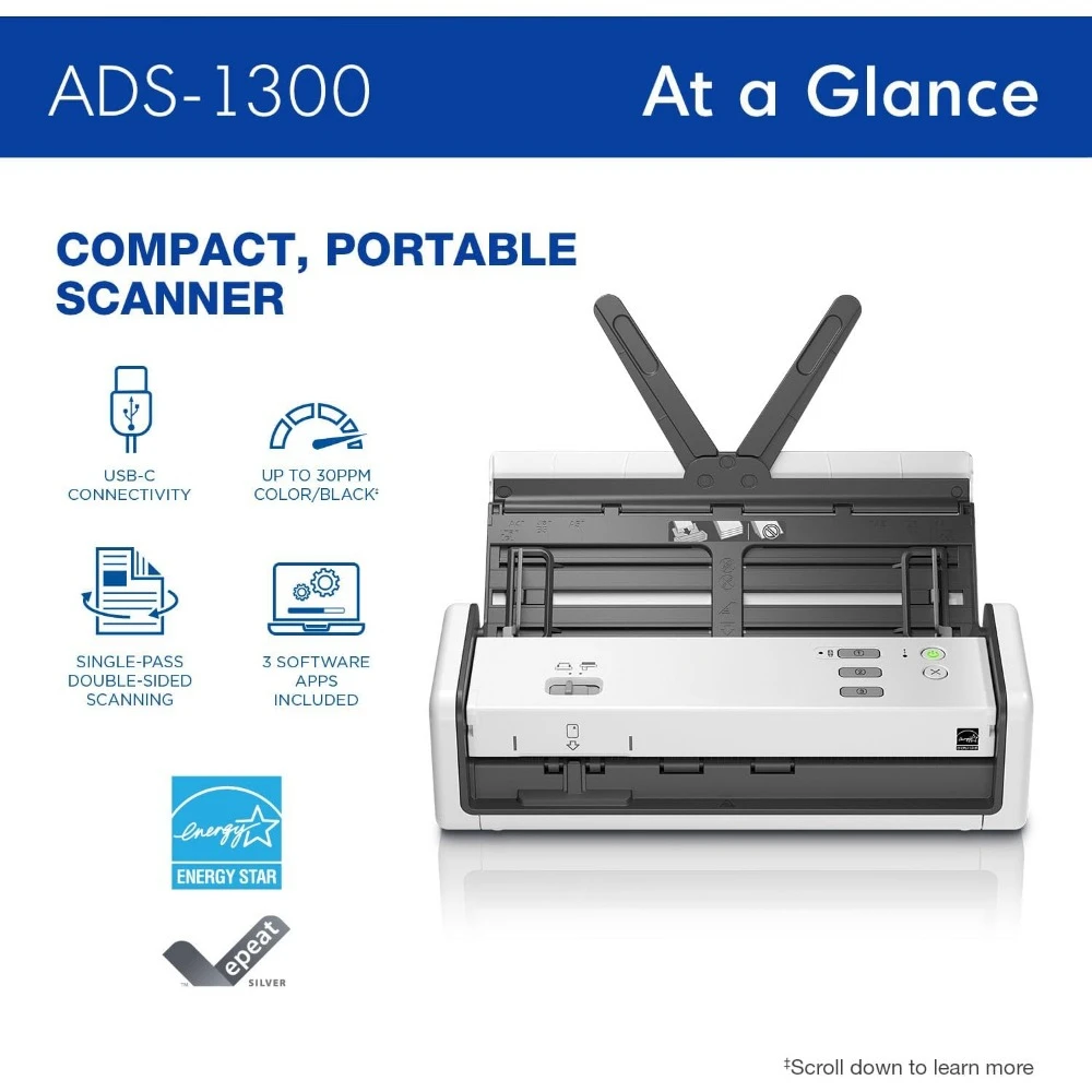 ADS-1300 Compact Desktop Scanner | Scan Speeds of Up to 30ppm | Single Pass Double-Sided Scanning