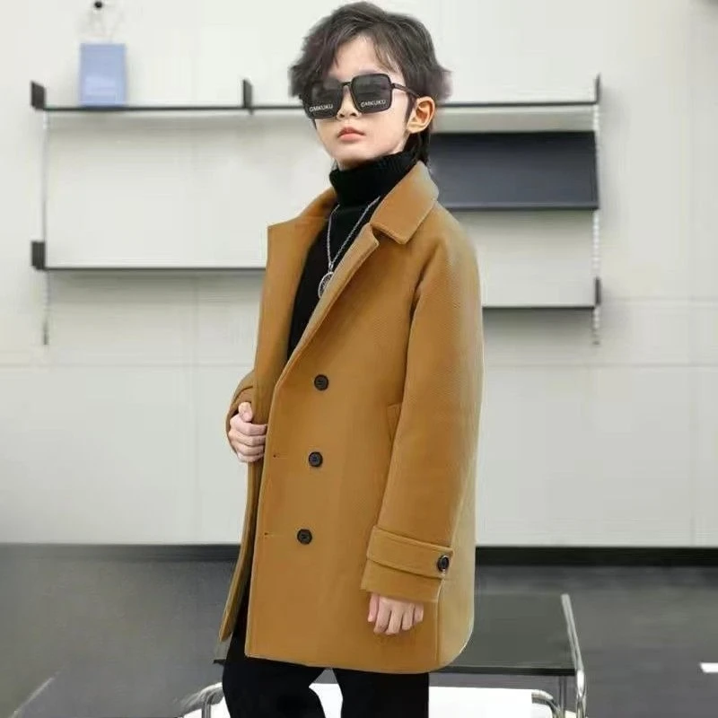 2026 Boys Winter Thick Warm Wool Coat Korean Style Fashion Kids Outerwear Casual Long Jacket Top