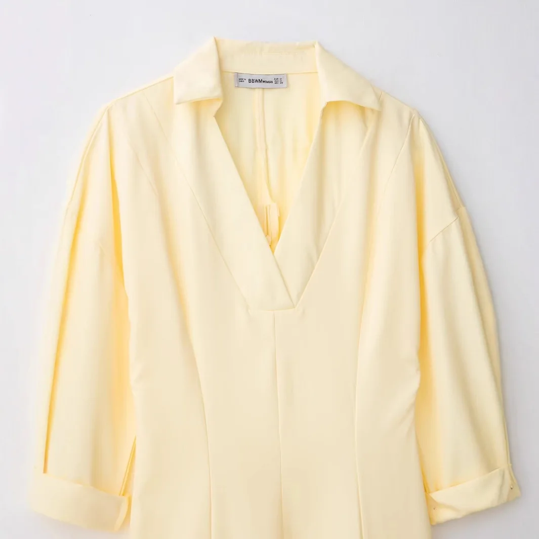 Vestido camisa outono feminino amarelo com decote em v gola virada para baixo babados cintura alta maxi vestido para feminino elegante temperamento senhora vestido