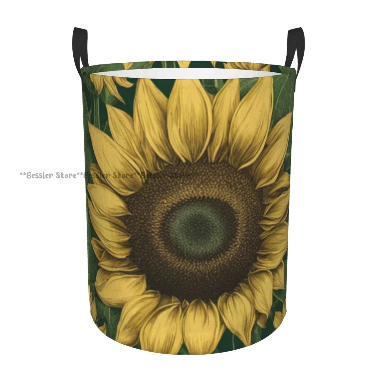 Laundry Basket Retro Sunflowers Background Round Storage Bin Collapsible Hamper Clothes Bucket Organizer