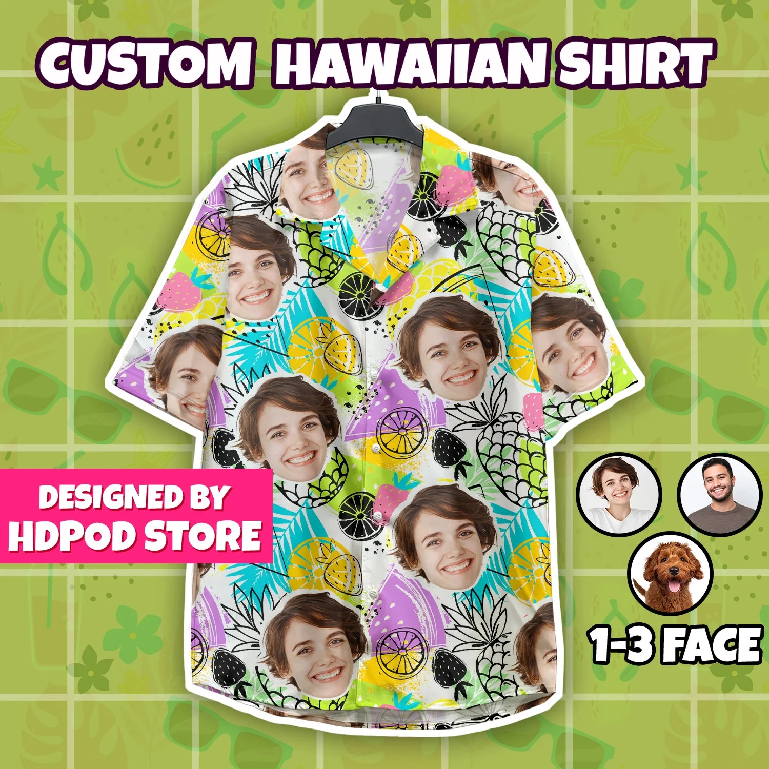 

Personalized 1-3 Faces Hawaiian Shirt Custom Photo Tropical Pineapple Lemon Print Beach Aloha Shirt Gift For Family tops