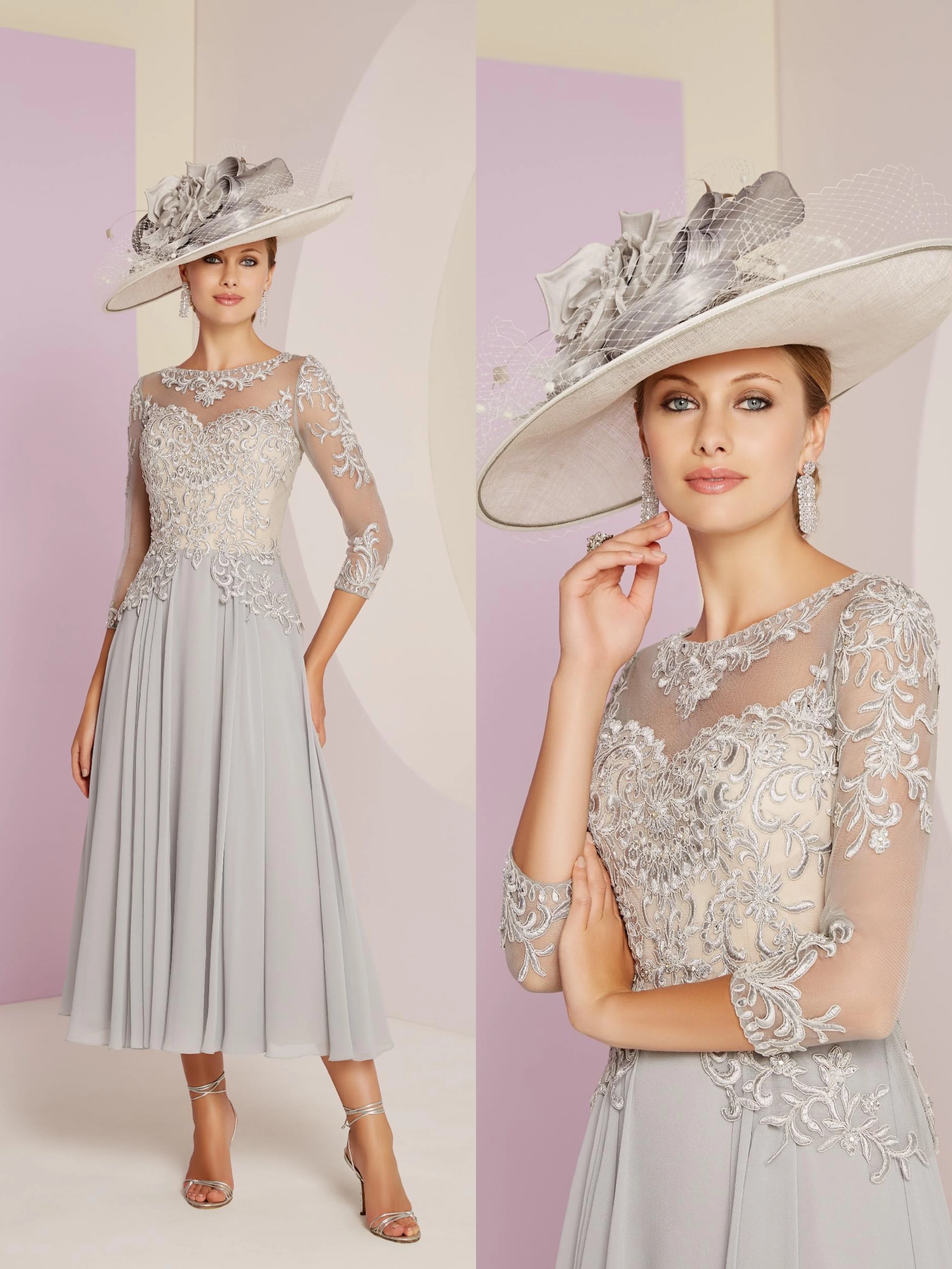 Gray Mother Of The Bride Dresses O Neck A Line Lace Chiffon Tea Length  3/4 Long Sleeves Applique Elegant Mother Gowns 2024 New