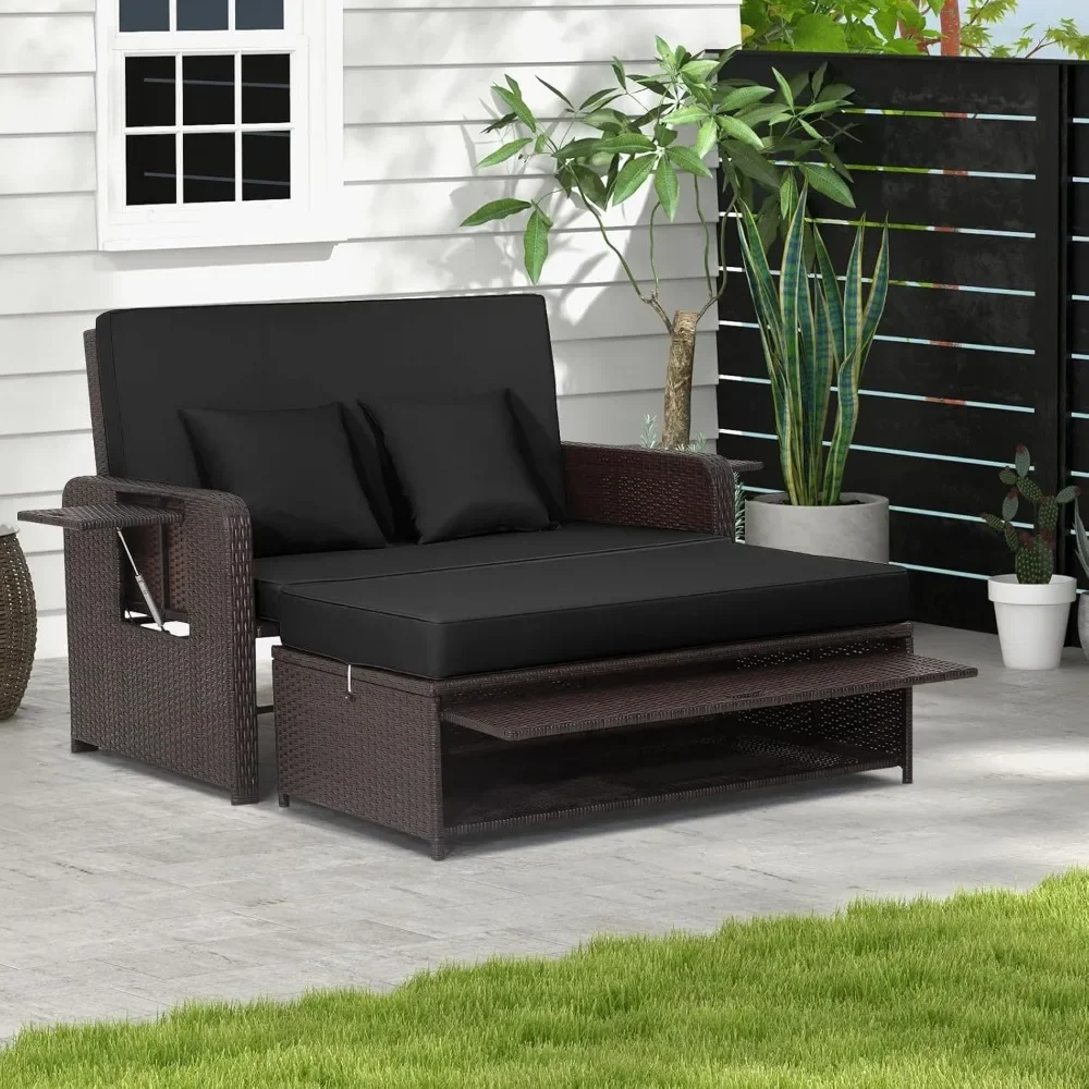 Patio Rattan Daybed Set, Wicker Loveseat Sofa W/Multipurpose Ottoman & Retractable Side Tray, 4-Level Adjustable Backrest