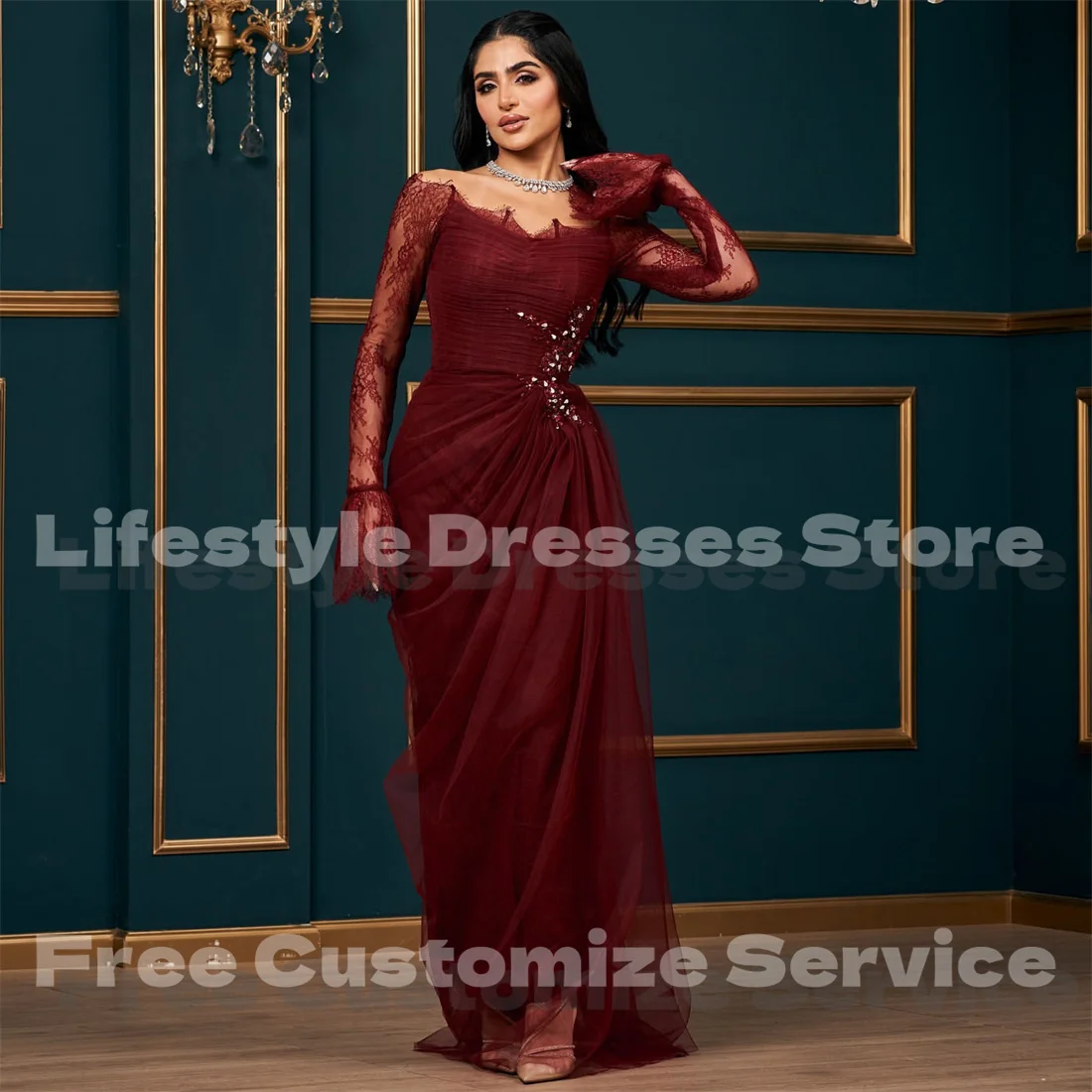 Customized Burgundy Lace Off Shoulder Prom Dresses Beaded Evening Dresses Long Sleeves Party Gown فساتين للمناسبات الرسمية