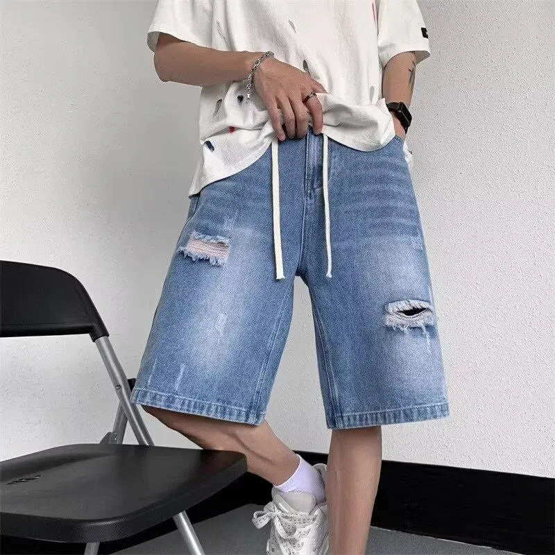 Men Shorts Baggy Hole Denim Drawstring Summer High Street Knee-length Trashy Creativity College American Style All-match Chill