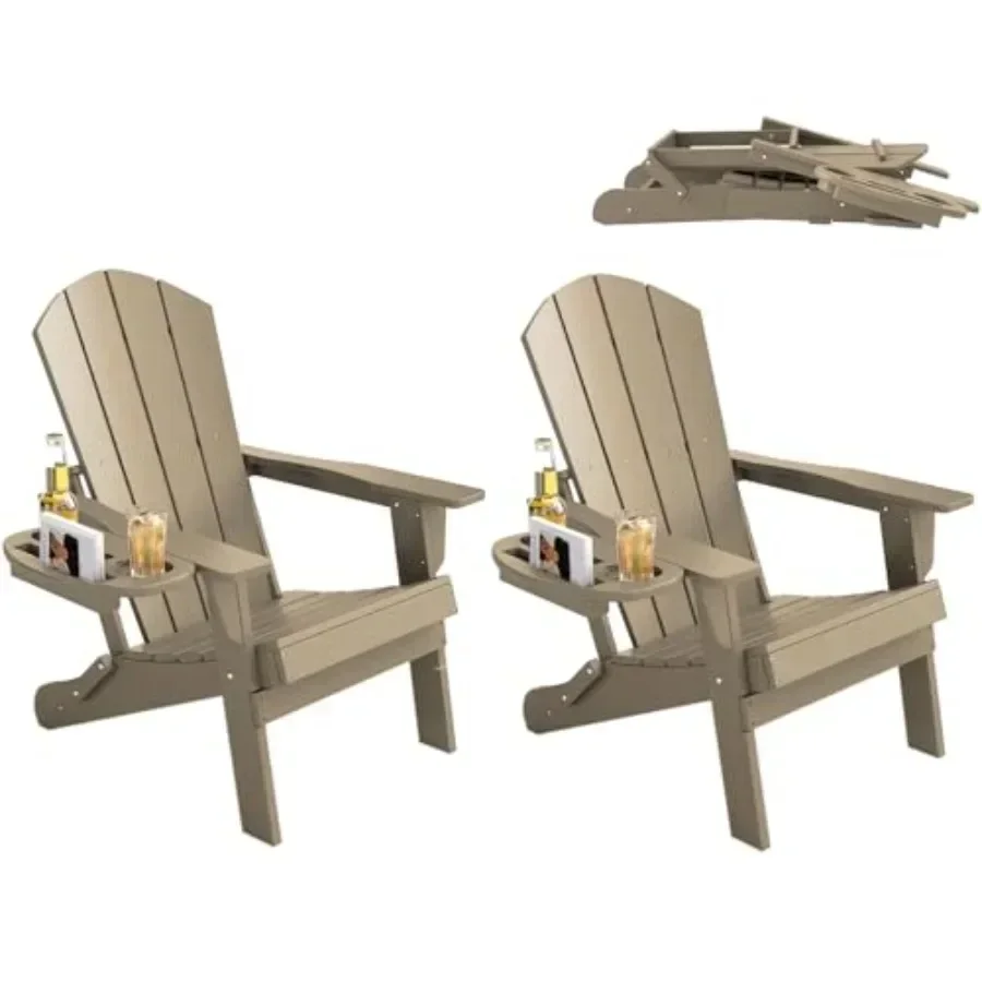 Folding Adirondack Chair Set of 2 for outdoor use, polywood material, gray color, with 4-in-1 cup holder and fire pit compatibi