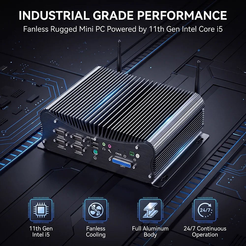 EGLOBAL Industrial Mini PC i5-1135G7  6x COM 4xRS485, 2x Gigabit LAN, GPIO LPT, Fanless Industrial PC for Automation, 24H Work