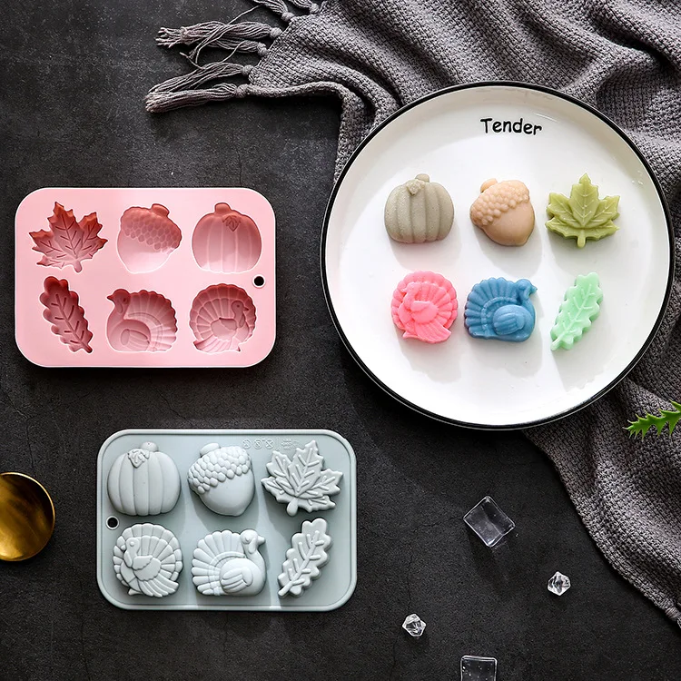 

6-hole Thanksgiving Day Silicone Molds, Turkey Pumpkin Oak Fruit Leaves Baking Fondant Chocolate Mold Cake Decorating Tools
