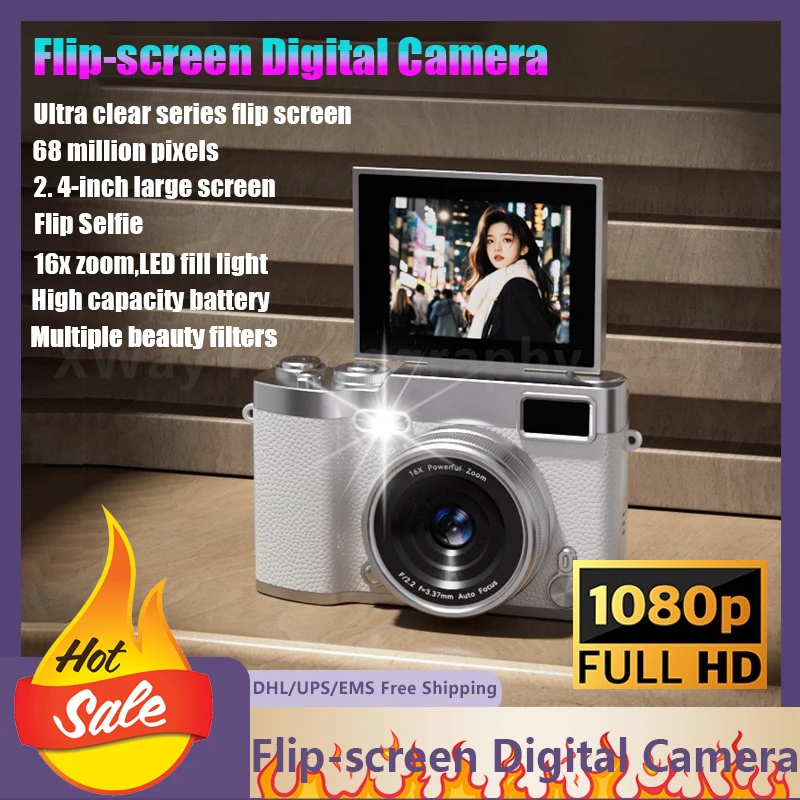 

Цифровая камера с откидным экраном 1080P HD, 2,4-дюймовый большой экран, 16-кратный зум со встроенной вспышкой, несколько косметических фильтров, длительный срок службы батареи