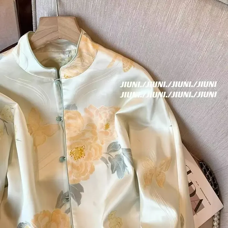 

2025 Traditional Chinese Qipao Blouse National Color Butterfly Print Women Autumn New Tangsuits Top Women Elegant Jacquard Coats