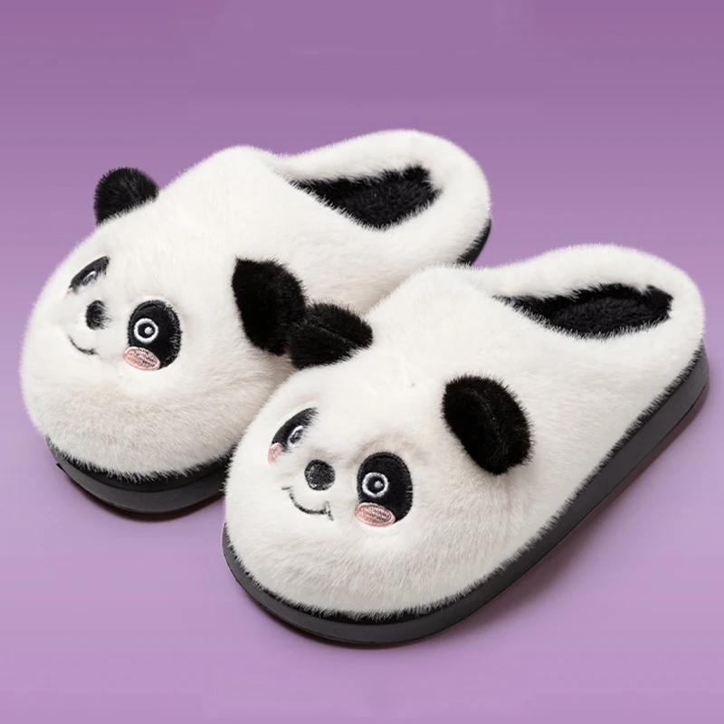 Winter Cartoon Panda Fur Slippers Women Comfortable Fuzzy Warm Cotton Slipper Woman Non Slip Sole Fluffy Furry Slides Shoes