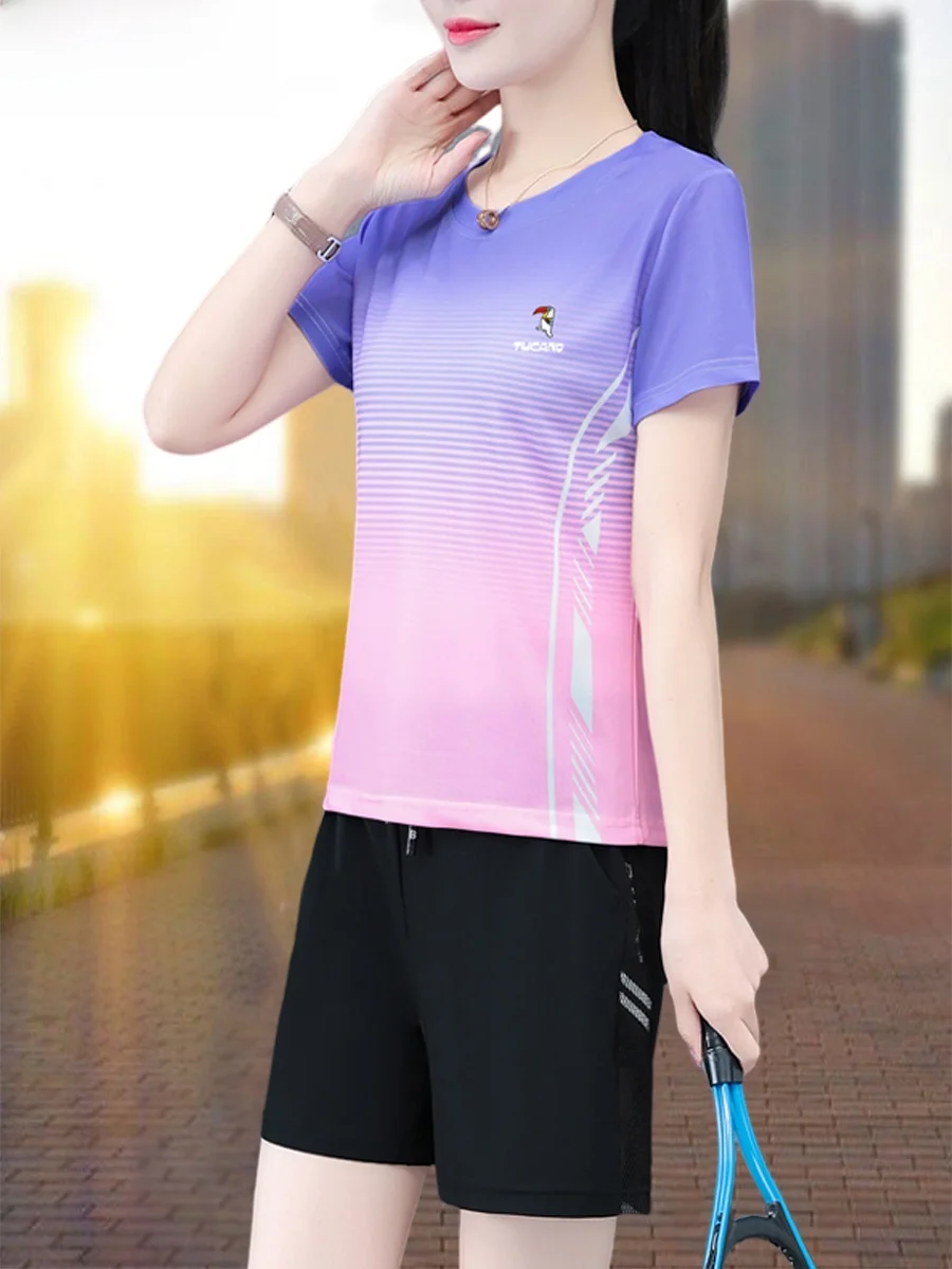 TUCANO-Conjunto deportivo de seda de hielo para mujer, traje deportivo informal fino y seco para correr, conjunto de dos piezas redondo Ne ort Sve