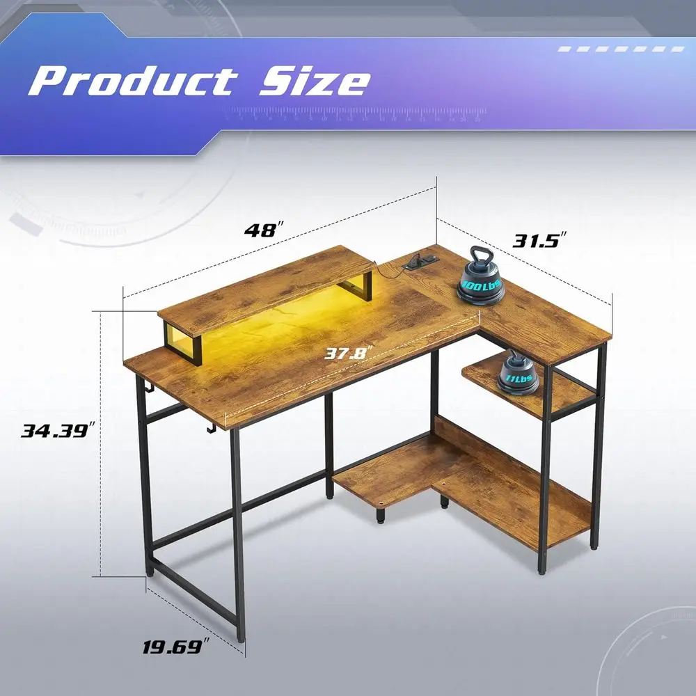 مكتب ألعاب على شكل حرف L بني ريفي مع مصابيح LED ومنافذ طاقة، مكتب زاوية مدمج للمكتب المنزلي مع مساحة تخزين