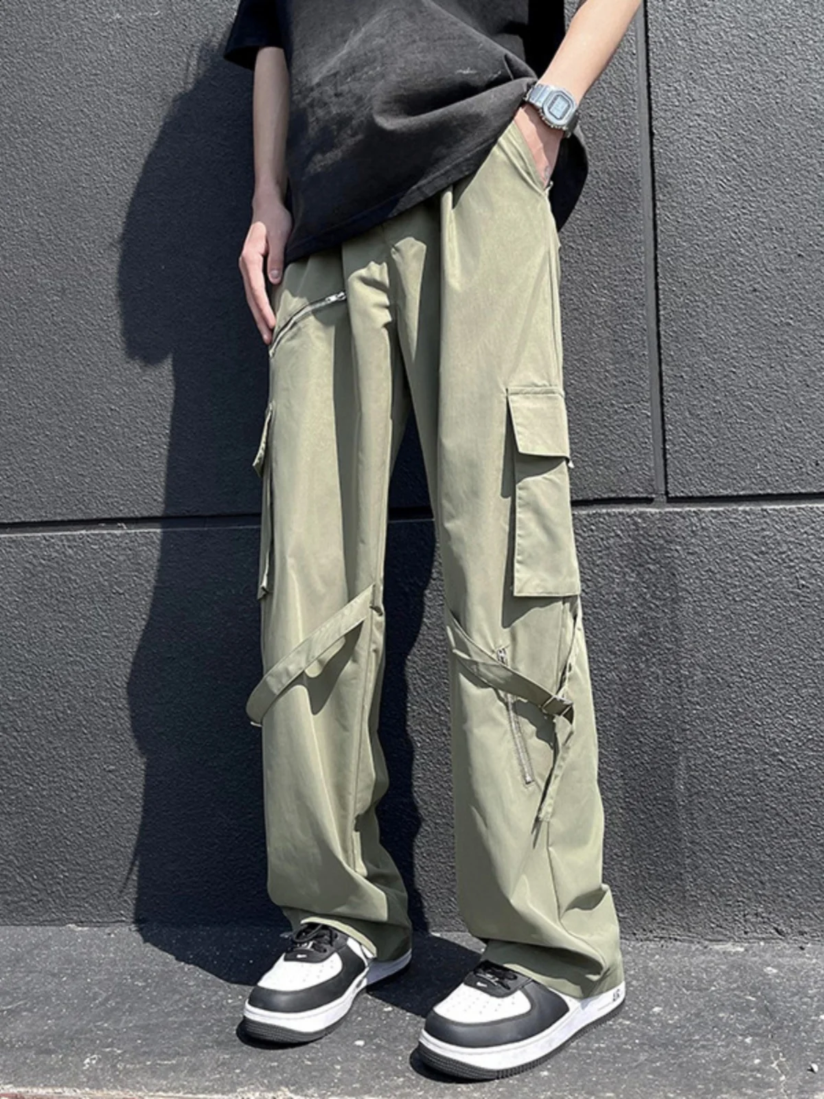 

Summer Men's Workwear Pants Wide Leg Zipper Design Trendy Belted Casual Loose Fit Breathable Straight Tube Trousers