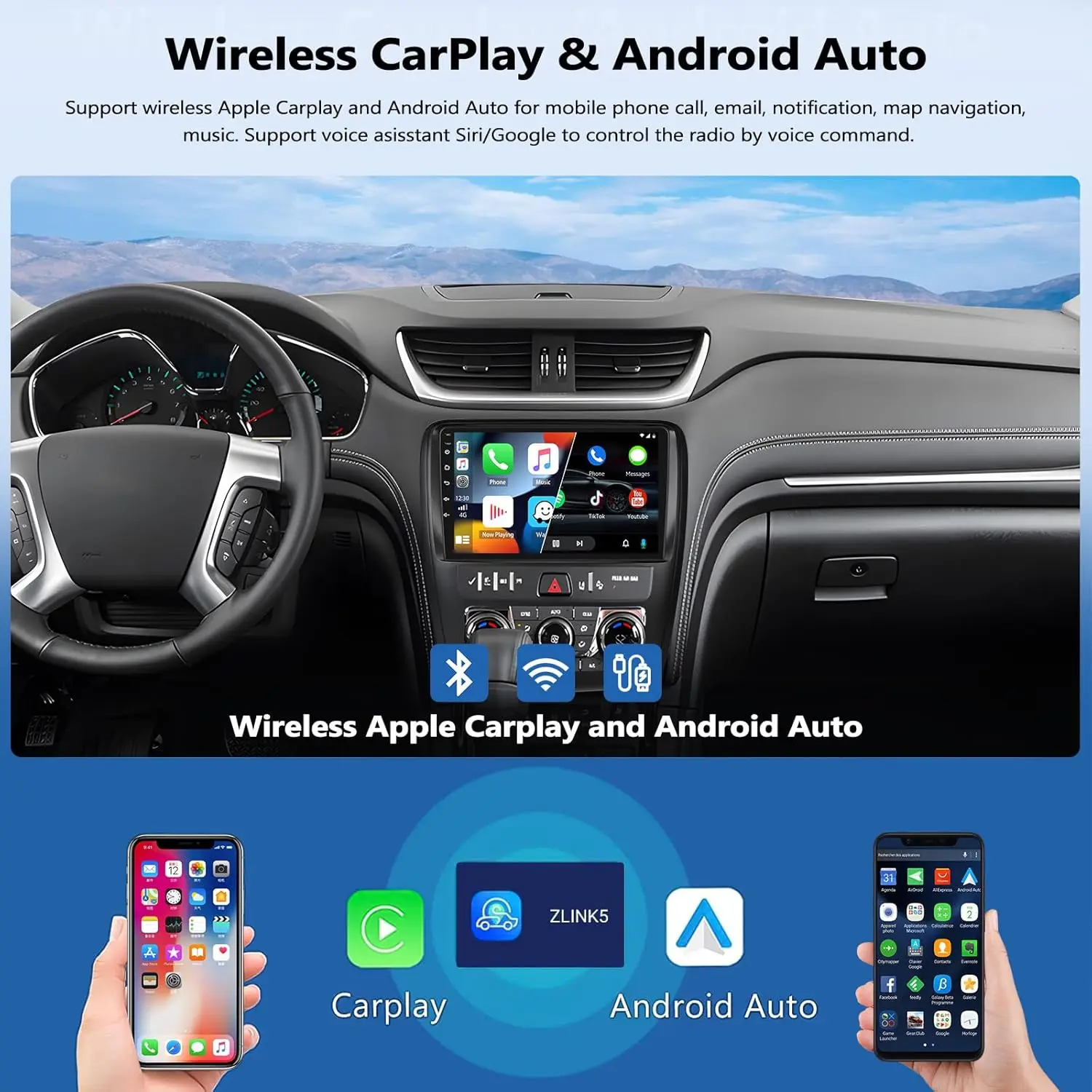 ستيريو سيارة 2G + 64G لسيارة Chevy Traverse 2013-2017 مع CarPlay Android Auto اللاسلكي، شاشة لمس 9 بوصات GPS Bluetooth WiFi RDS FM Back #3
