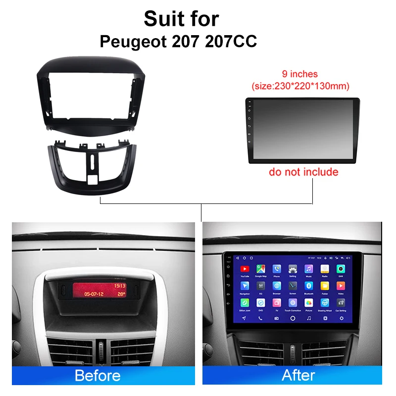 Kenvox 9 Inch Car Fascia Audio Fitting Adaptor Navigation Panel Kits Car DVD Frame Dashboard for Peugeot 207 207CC