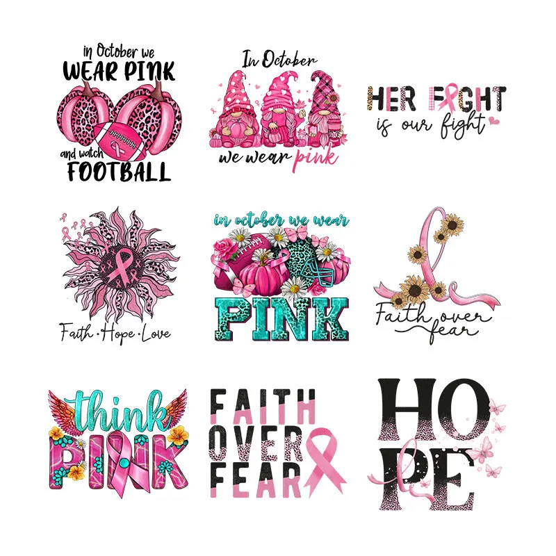 Pink Ribbon Breast Cancer Care Printed Vinyl Thermosol Applique Iron-On Transfers Patches For DIY Clothing Handbags Etc. T17328